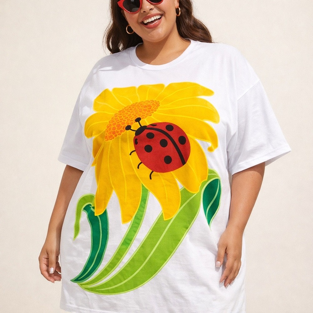 White Oversized Sunflower Ladybug Graphic T-Shirt Nature Floral Crew Neck Tee